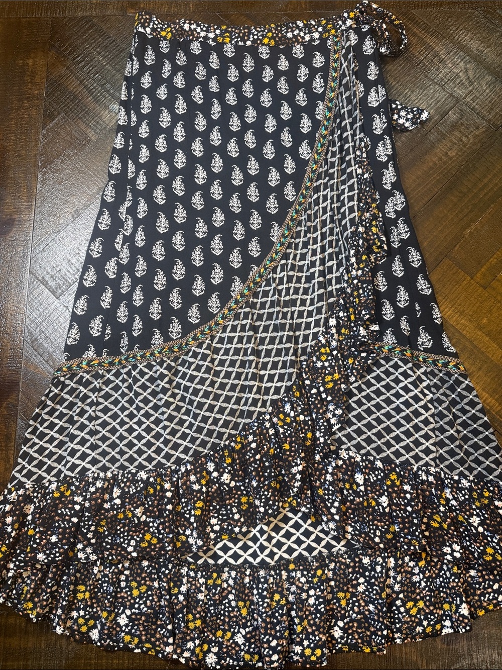 Christian Siriano Patchwork Ruffle Wrap Maxi Skirt Boho M